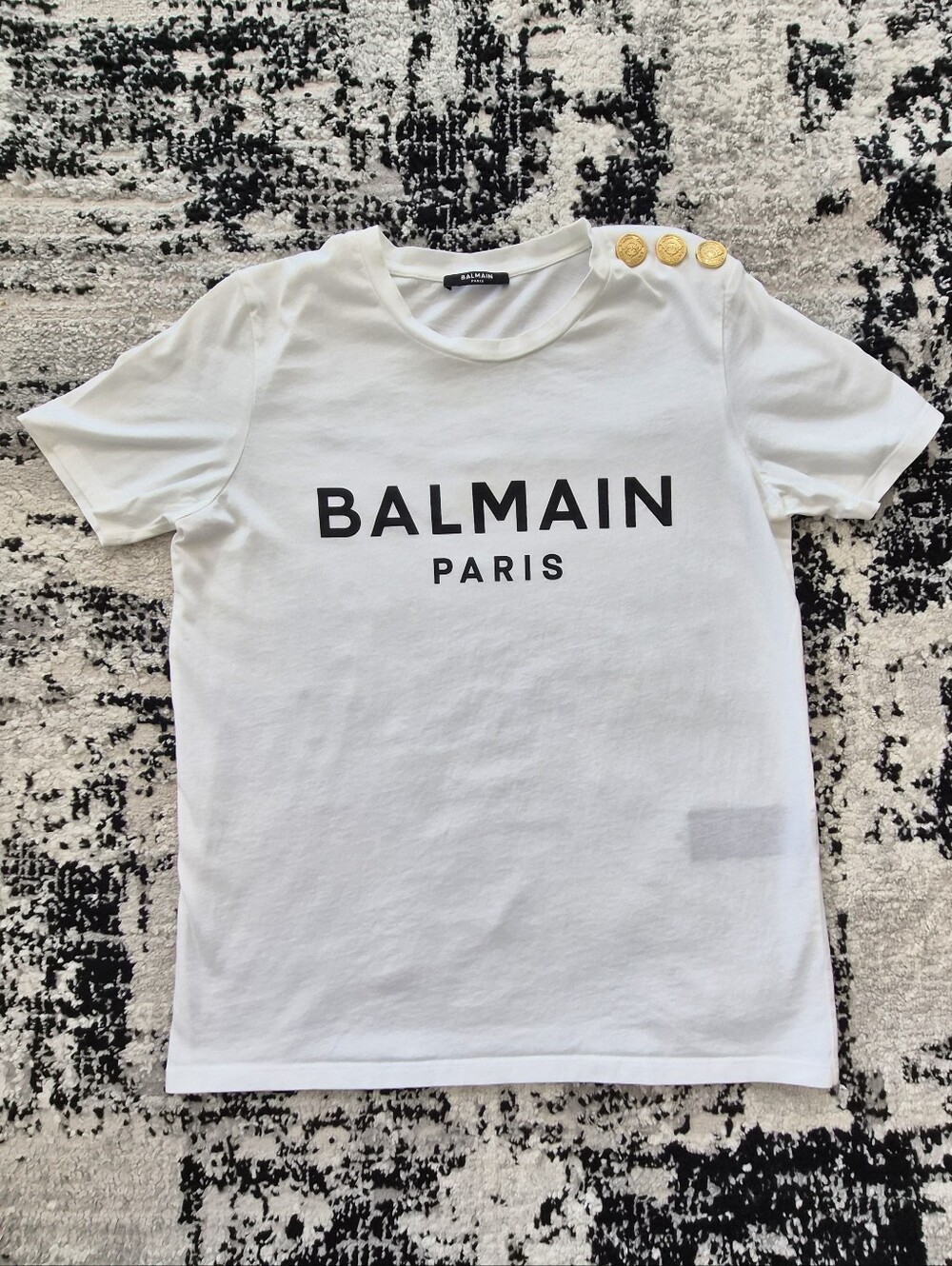 Balmain Paris White Logo T-Shirt with Gold Button Detail